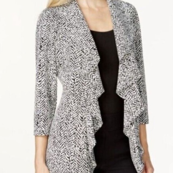 Calvin Klein Black and White Ruffle Herringbone Open-Front Blazer - 14 - Picture 6 of 6